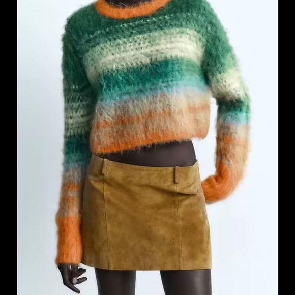 Zara Sweaters - Zara Multicolor Fuzzy Striped Crewneck Sweater - Green, Orange, Cream